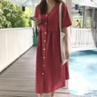 Short-sleeve Buttoned A-line Midi Dress