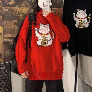 Mock Neck Cat Printed Sweater