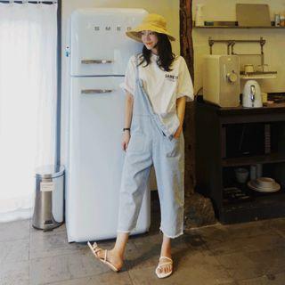 Button-trim Denim Jumper Pants Blue - One Size