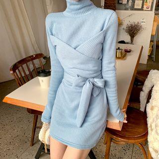 High-neck Wrap-front Ribbed Minidress
