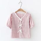 Short-sleeve Bow-front Plaid Top