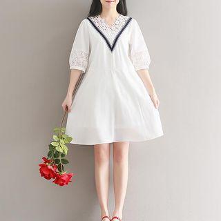 Elbow-sleeve Floral Accent A-line Chiffon Dress