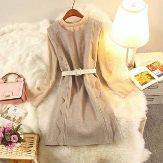 Set: Crew-neck Long-sleeve T-shirt + Scallop Trim Knit Sleeveless Dress