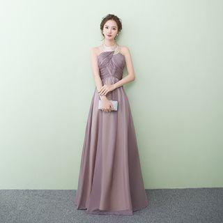 Shirred Halter Evening Dress