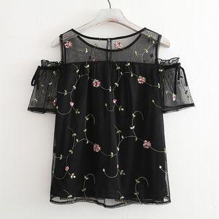 Short-sleeve Floral Shoulder Cut Out Top