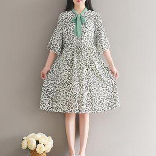 Elbow-sleeve Bow-accent Patterned Chiffon Dress