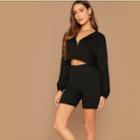 Set: Front-zip Balloon-sleeve Cropped Top + Bike Shorts
