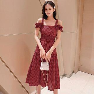 Cutout-shoulder Plaid A-line Dress