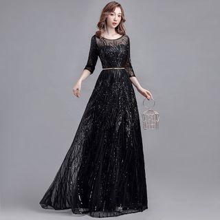 3/4-sleeve Sequined A-line Gown