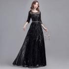 3/4-sleeve Sequined A-line Gown