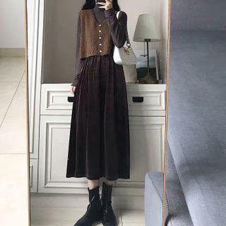 Long-sleeve Mock-neck Top / Corduroy Midi A-line Skirt / Single-breasted Vest / Set