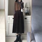 Long-sleeve Mock-neck Top / Corduroy Midi A-line Skirt / Single-breasted Vest / Set
