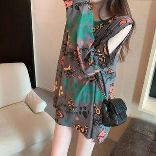 Off-shoulder Printed Loose T-shirt Gray - One Size