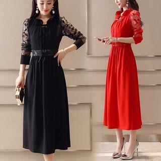 Elbow-sleeve Lace Panel A-line Midi Party Dress