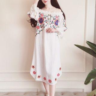 Floral Embroidered Off-shoulder A-line Midi Dress