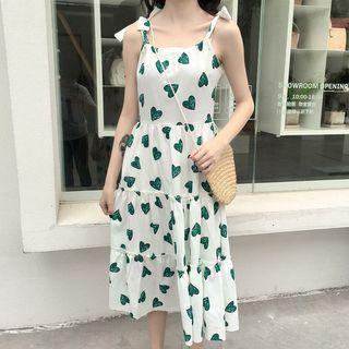 Heart Print Midi Spaghetti Strap Dress