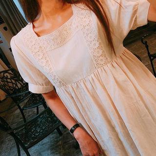 Puff-sleeve Lace-trim Empire Dress