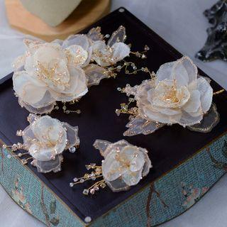 Set: Wedding Flower Mesh Faux Crystal Hair Clip + Hair Stick Set - Champagne - One Size