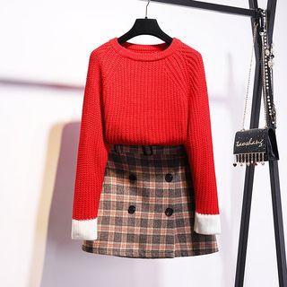 Set: Plain Sweater + Double-breasted Mini A-line Skirt