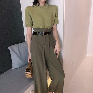 Short-sleeve Knit Top / High-waist Wide-leg Pants