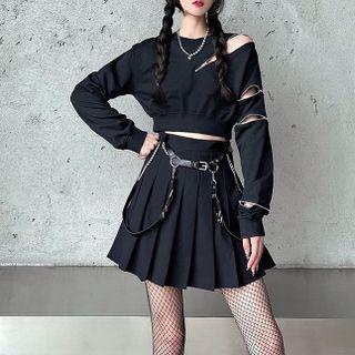 Zip Cutout Cropped Sweatshirt / Mini Pleated Skirt