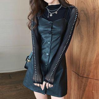 Mock-neck Rhinestone Mesh Top / Spaghetti Strap Mini A-line Dress