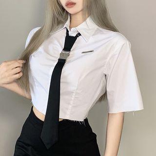 Set: Short-sleeve Crop Shirt + Buckled Tie