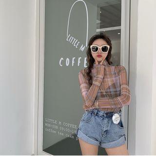 Plaid Long-sleeve Mesh Top Khaki - One Size