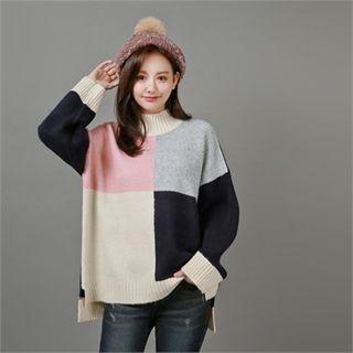 Mock-neck Color-block Wool Blend Sweater