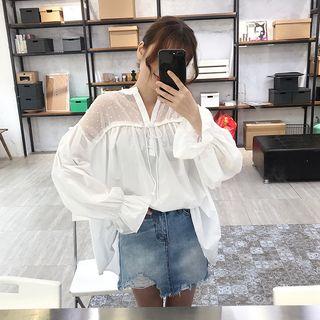 Sheer Panel V-neck Lantern-sleeve Blouse