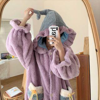 Long-sleeve Fleece Color-block Sleep Robe / Fleece Sleep Pants
