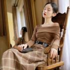 Set: Long-sleeve Top + Plaid Skirt + Belt