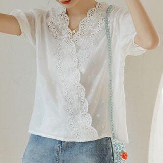Puff-sleeve Eyelet Lace V-neck Top