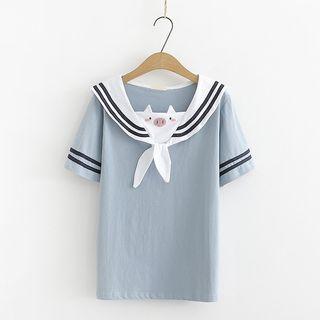 Pig Embroidered Sailor Collar Short-sleeve Top