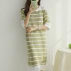 Elbow-sleeve Stripe Midi Knit Dress