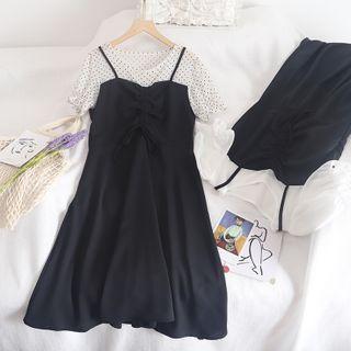Set: Short-sleeve T-shirt + Ruched Spaghetti Strap Dress