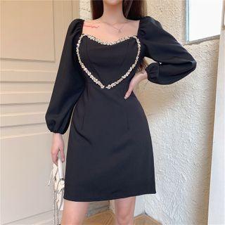 Long-sleeve Rhinestone Heart Mini Dress