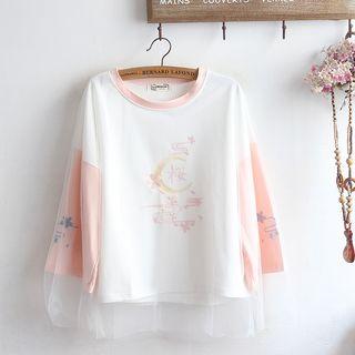 Long-sleeve Embroidered Mesh Top As Shown In Figure - One Size
