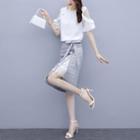 Set: Short Sleeve Mesh Panel Top + Slit-hem Bow Accent Check Skirt