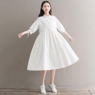 3/4-sleeve Collared Dress White - One Size