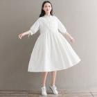 3/4-sleeve Collared Dress White - One Size