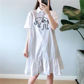 Short-sleeve Cat Embroidery Shirt Dress