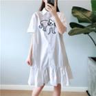 Short-sleeve Cat Embroidery Shirt Dress