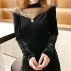Mesh Yoke Long-sleeve A-line Velvet Dress Black - One Size