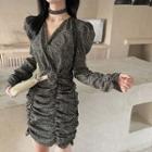 Floral V-neck Slim-fit Ruched Long-sleeve Dress