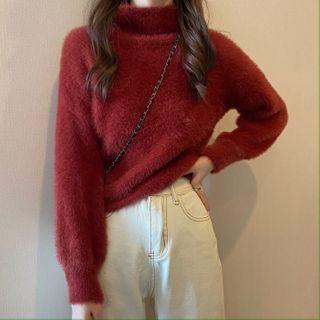Furry-knit Turtleneck Top