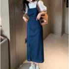 Short-sleeve Blouse / Denim Midi Pinafore Dress