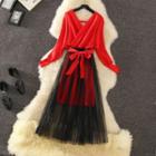 Set: Long-sleeve V-neck Knit Dress + Midi A-line Mesh Skirt