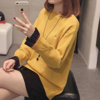 Embroidered Panel Long-sleeve Knit Top