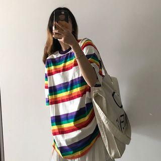 Elbow-sleeve Rainbow Block T-shirt